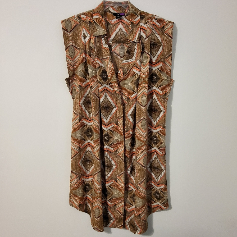 LYS Multi Colored Brown Aztec Print Sleeveless Button Down Shift Dress Size 2X